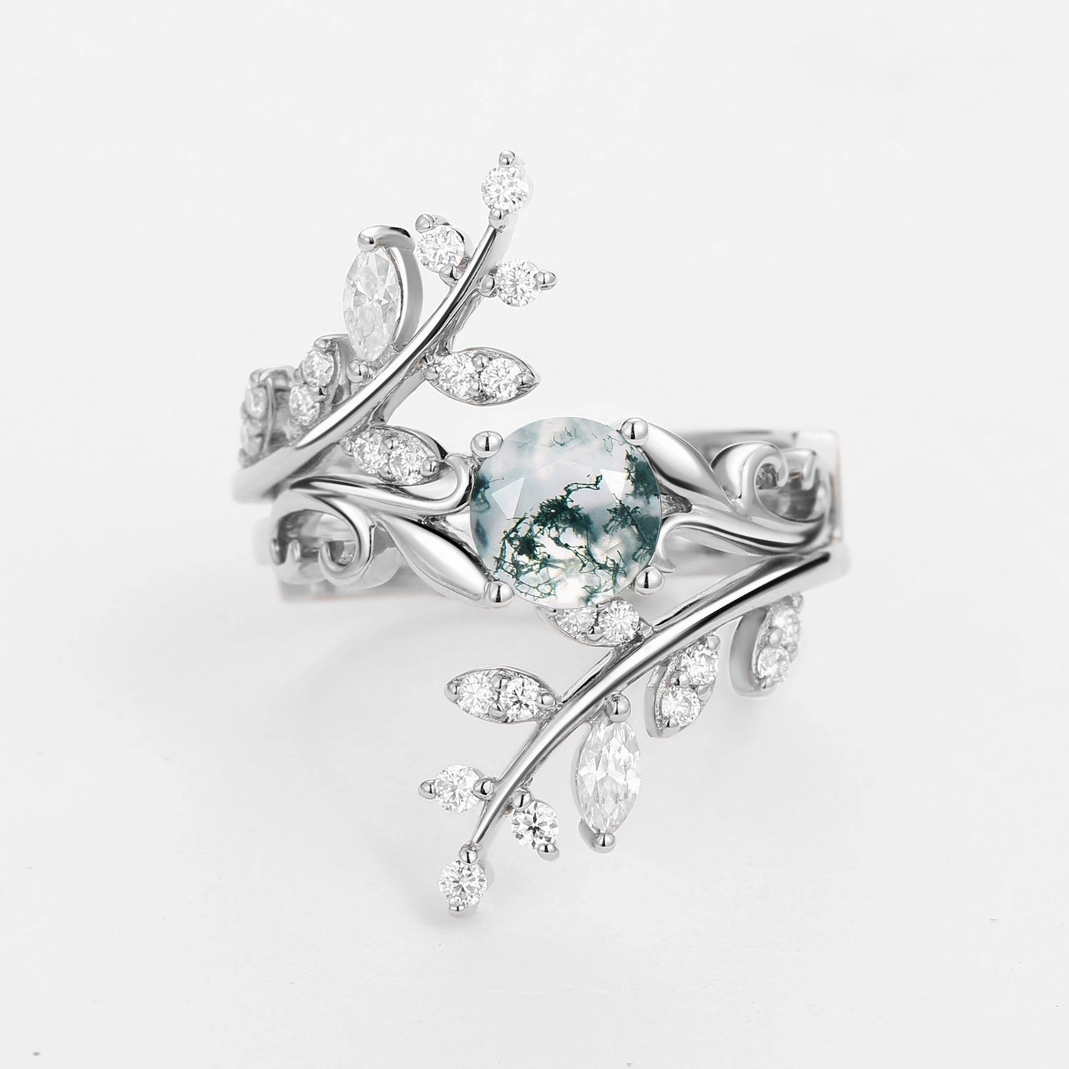 Luminous Finish Round Shaped Vine Moss Agate Engagement Ring Sets 2PCS