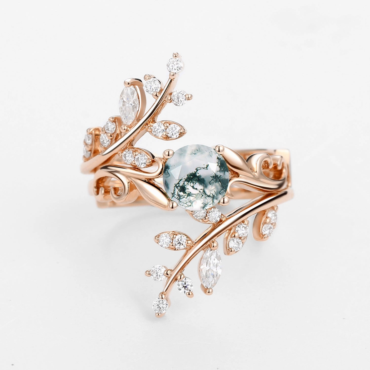 Round Shaped Vine Moss Agate Engagement Ring Sets 2PCS Chic Charm Lustrous Accent