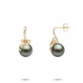 Plumeria Tahitian Black Pearl Earrings in Gold with Diamonds - 8-9mm Retro Decoration