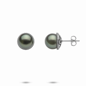 Rectangular Adornment Stunning Adornment Tahitian Black Pearl Earrings in White Gold with Diamonds - 9-10mm