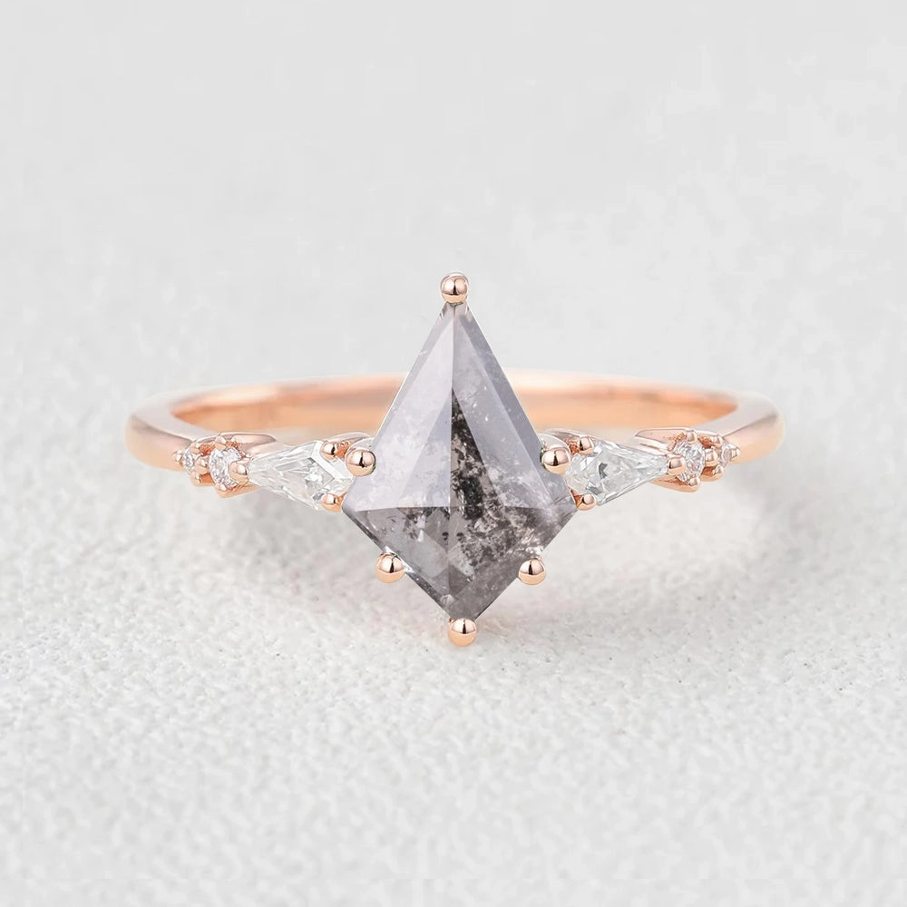 Fashionable Detail Salt and Pepper Diamonds Kite Cut Engagement Ring