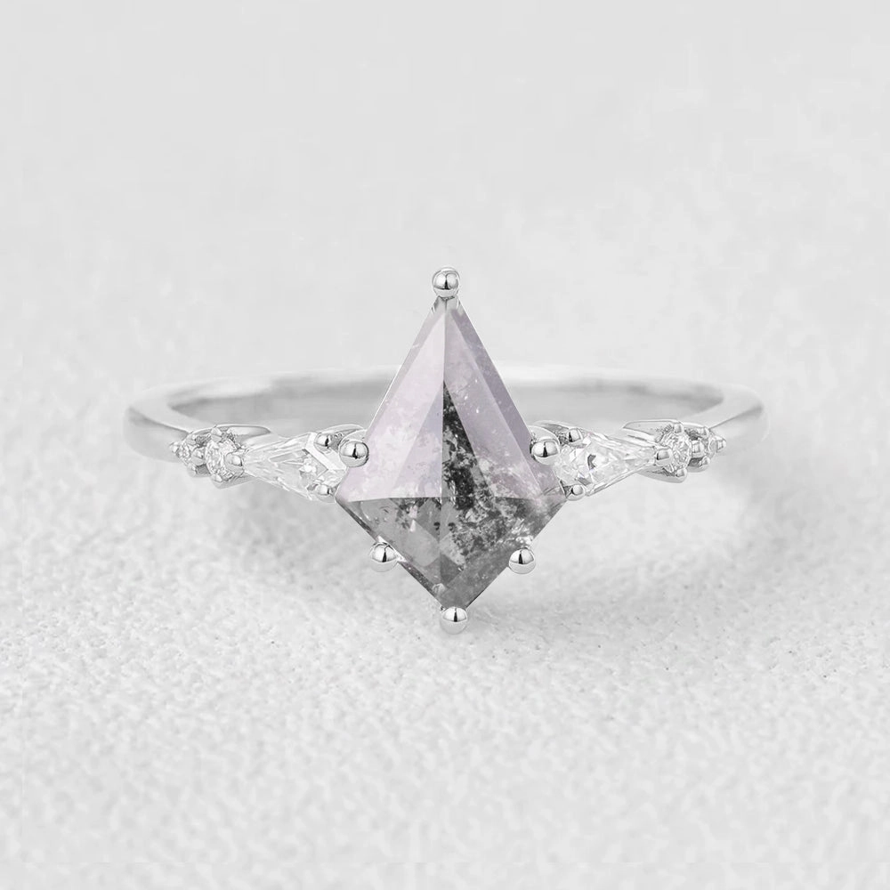 Salt and Pepper Diamonds Kite Cut Engagement Ring Impressive Accent Exquisite Detailing