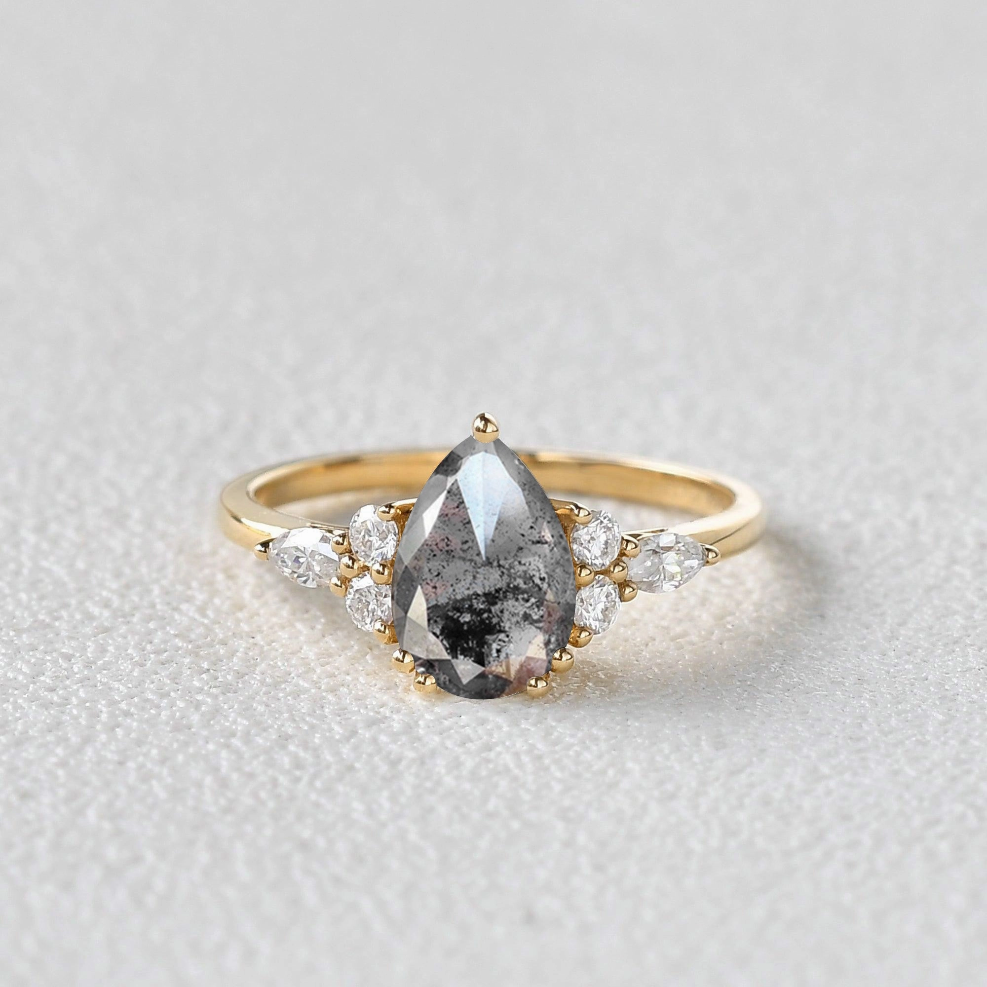 Elite Highlight Chic Feature Salt and Pepper Diamonds Pear Cut Engagement Ring