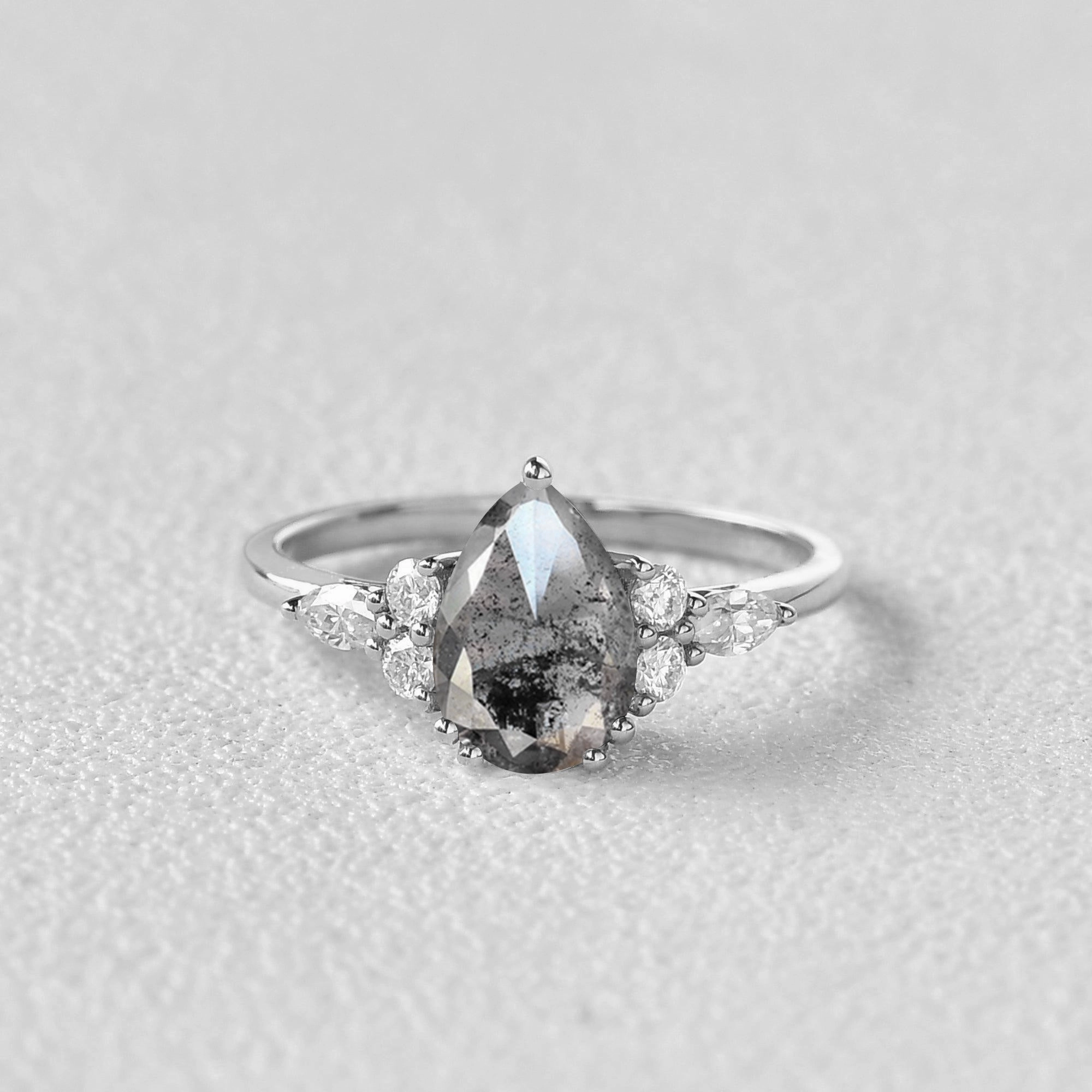Luxe Detail Minimalist Edge Salt and Pepper Diamonds Pear Cut Engagement Ring
