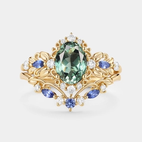 Oval Cut Leafy Lab Green Sapphire Engagement Ring Set 2pcs - Viriditas Bold Combo Trendy Glow