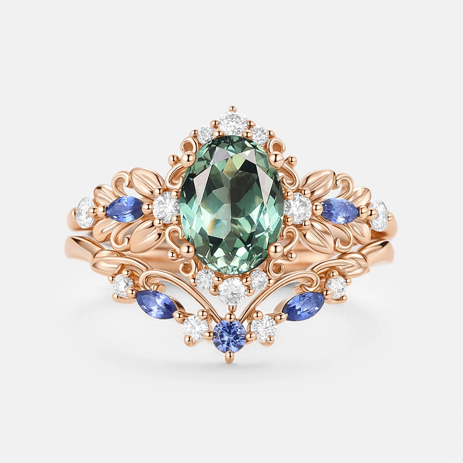 Charming Detail Allure Detail Oval Cut Leafy Lab Green Sapphire Engagement Ring Set 2pcs - Viriditas