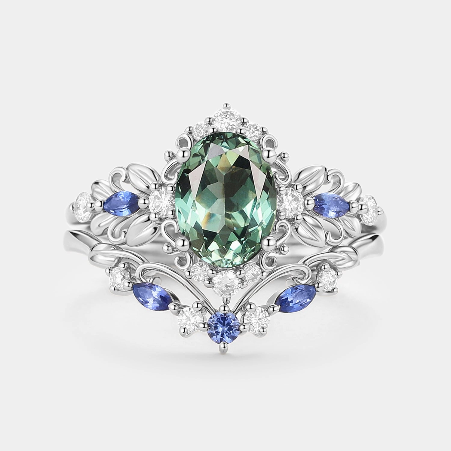 Dynamic Accent Oval Cut Leafy Lab Green Sapphire Engagement Ring Set 2pcs - Viriditas