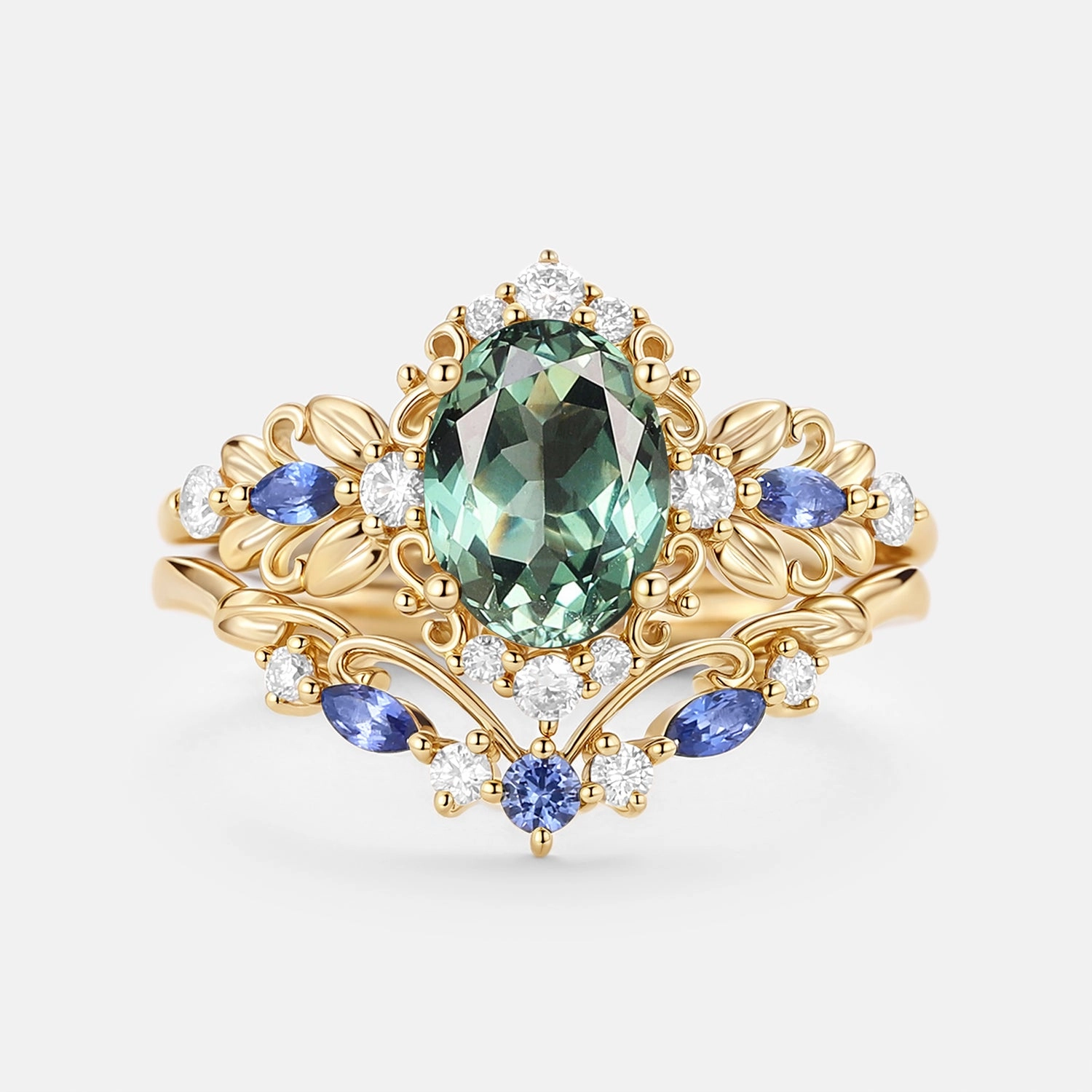 Oval Cut Leafy Lab Green Sapphire Engagement Ring Set 2pcs - Viriditas Lustrous Detail Custom Gifts