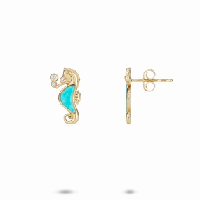 Sealife Seahorse Turquoise Earrings in Gold with Diamonds - 15mm Special Occasion Gift