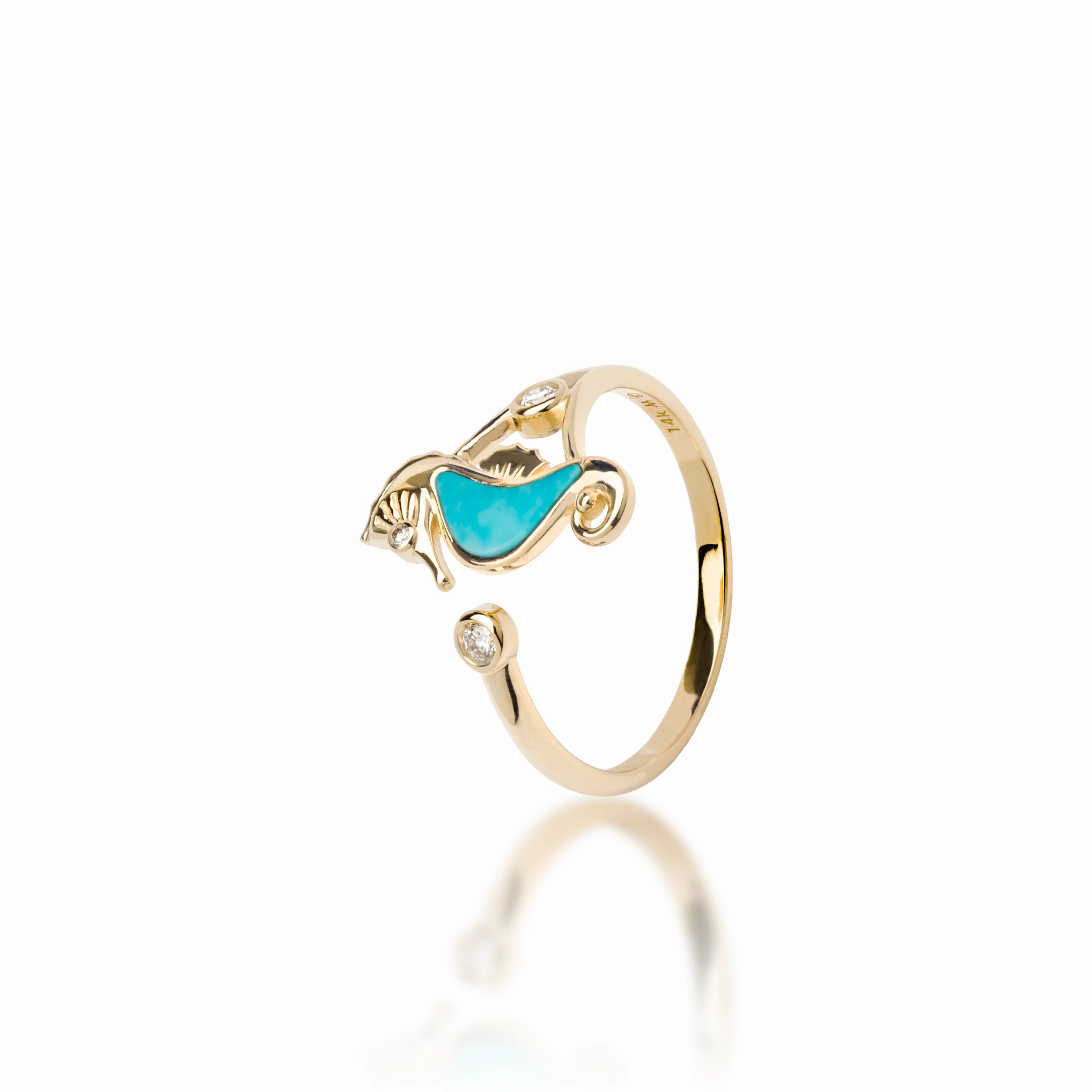 Precious Jewelry Pieces Sealife Seahorse Turquoise Ring in Gold with Diamonds - 15mm