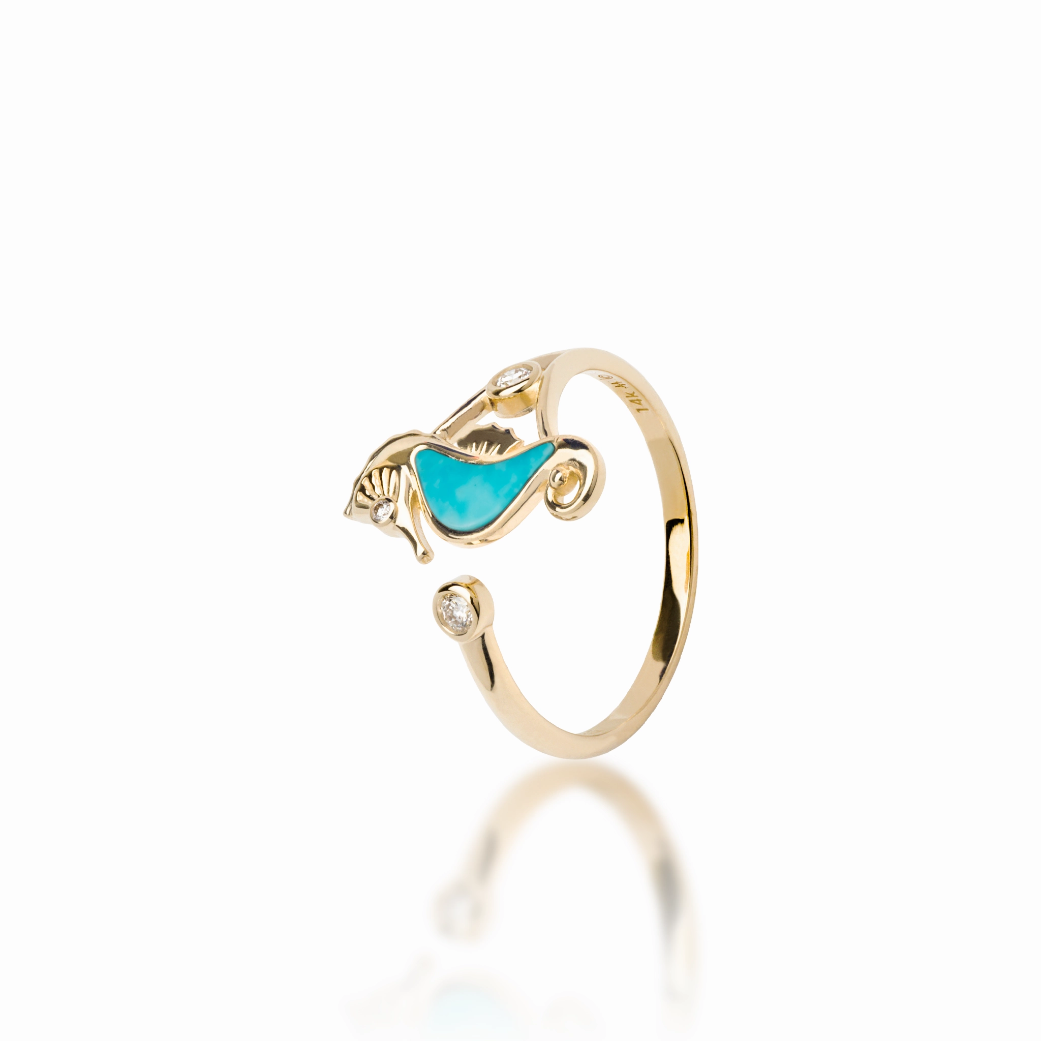 Sealife Seahorse Turquoise Ring in Gold with Diamonds - 15mm Classic Art