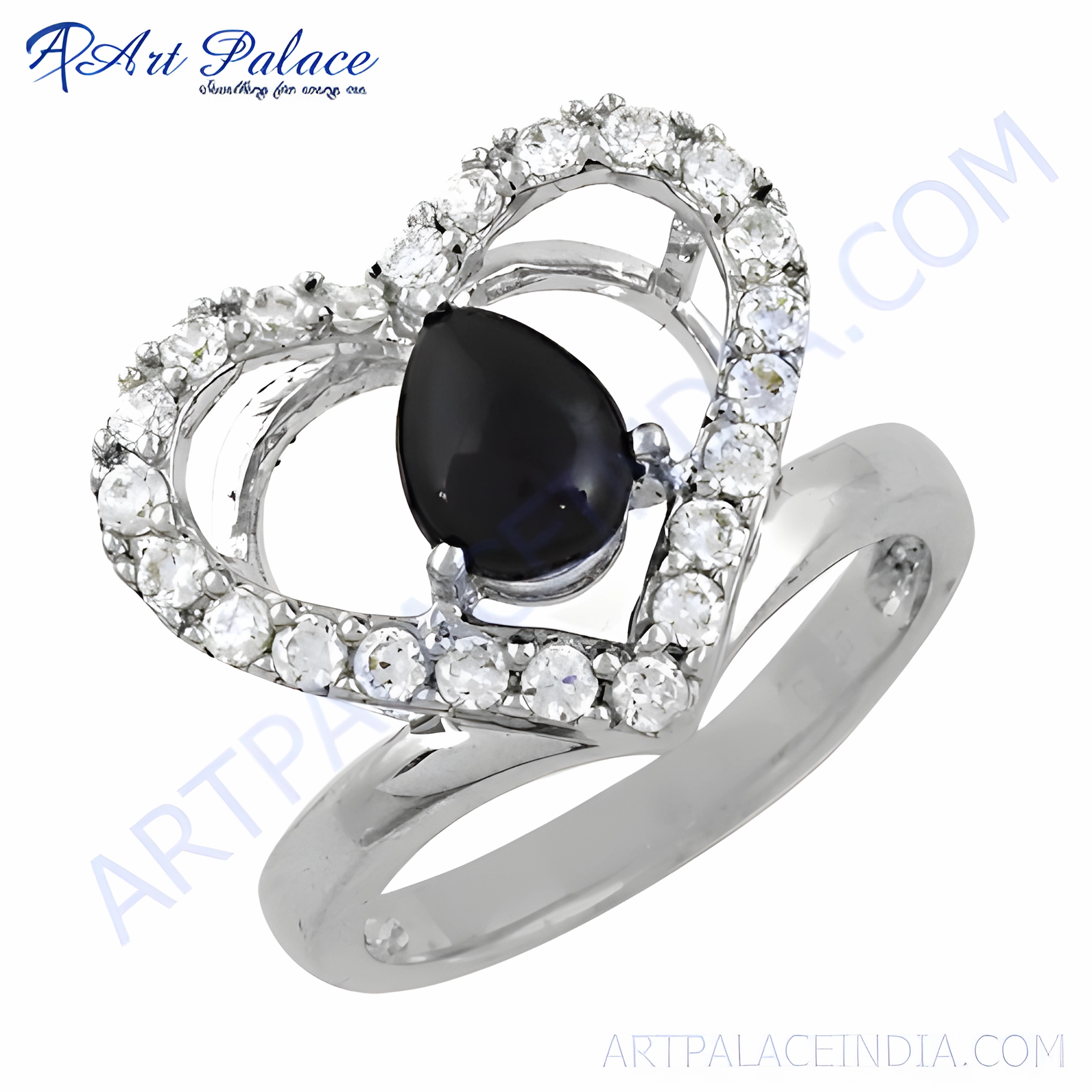 925 Silver Heart Shape Ring with Black Onyx and Cubic Zirconia Modern Symbol Contemporary Use
