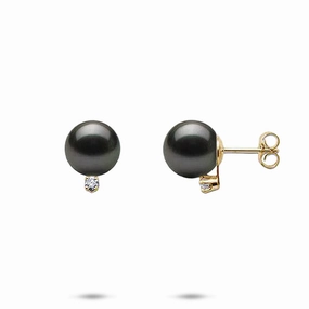 Tahitian Black Pearl Earrings in Gold with Diamonds - 9-10mm Round Accessory