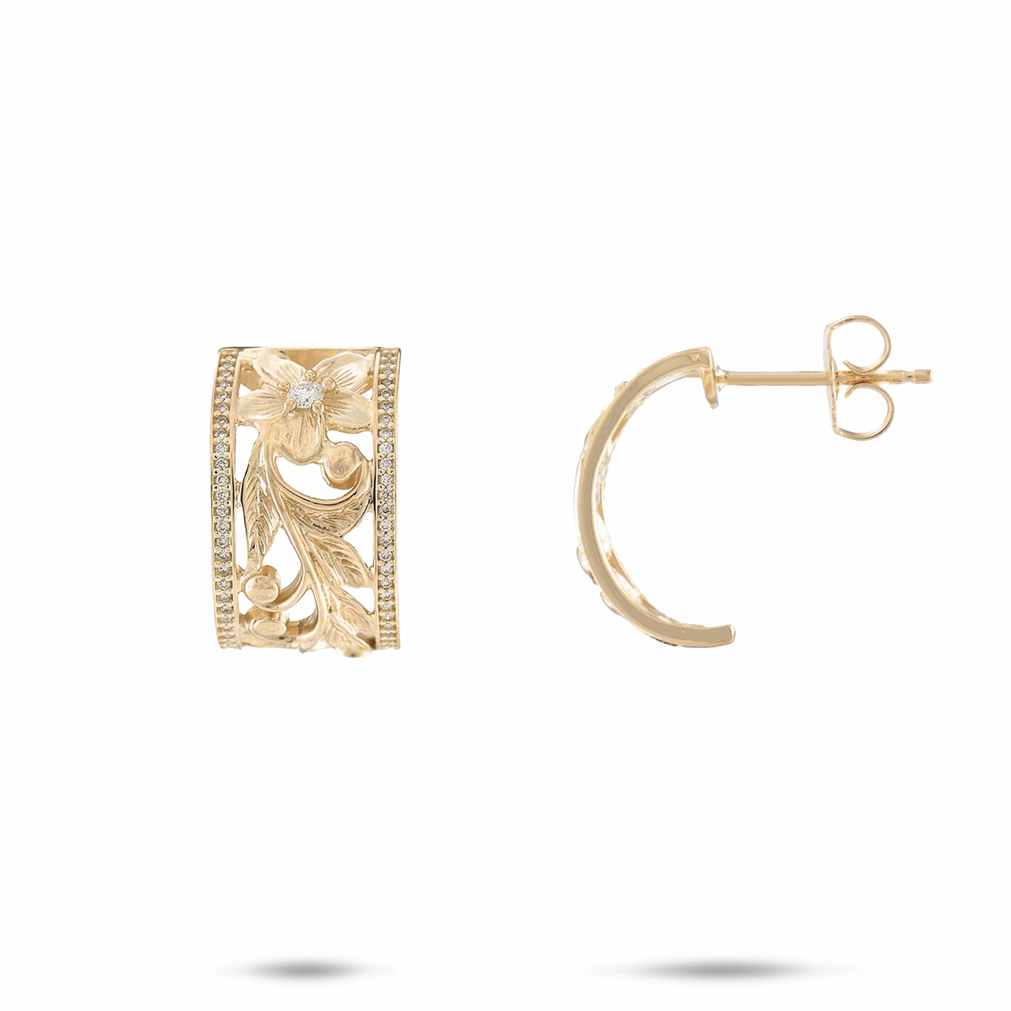 Night Embellishment Hawaiian Heirloom Plumeria Scroll Earrings in Gold - 10mm
