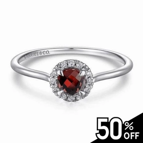 14K White Gold Garnet and Diamond Halo Promise Ring Delicate Insignia Eternal Product