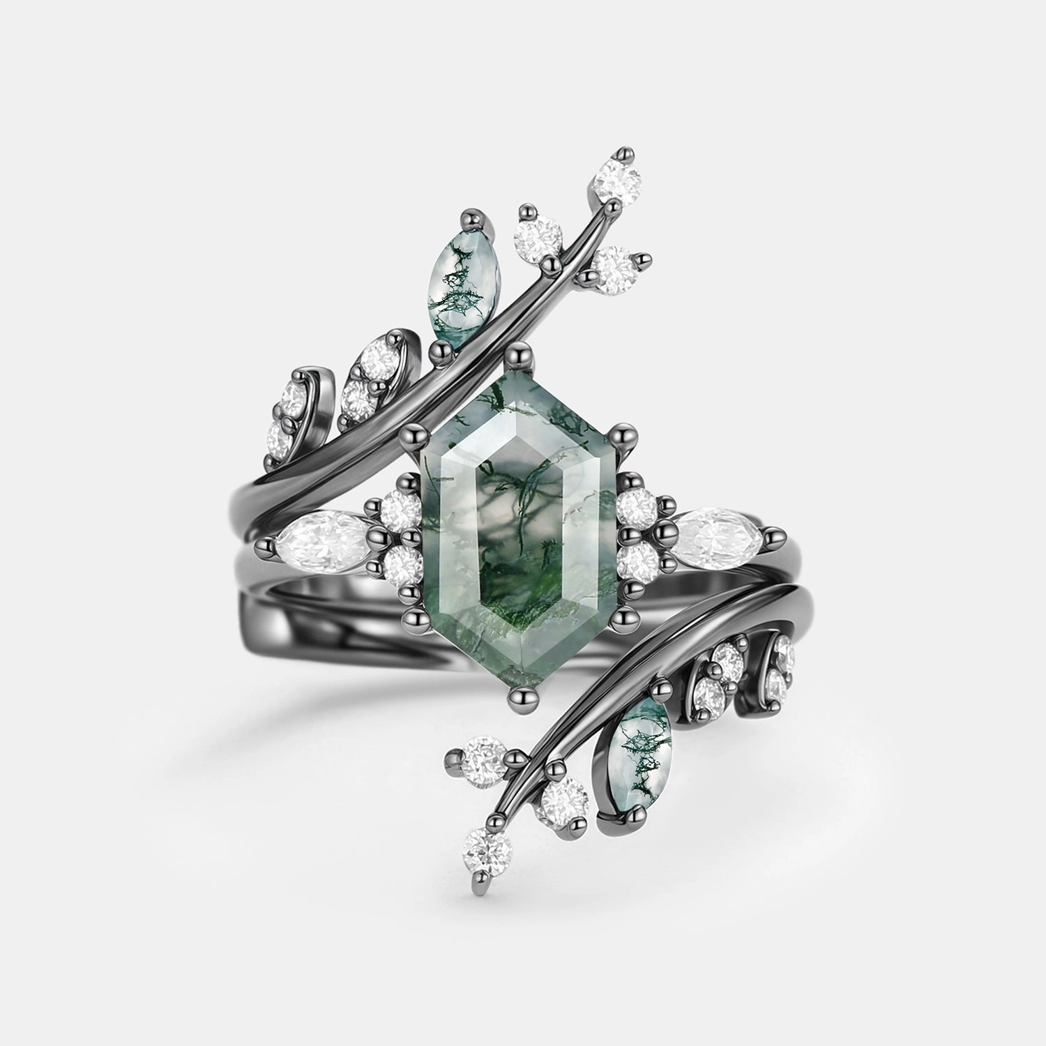 Black Gold Moss Agate Cage Elongated Hexagon Engagement Ring Set 2pcs - Mossera Fall Vibes Artful Touch