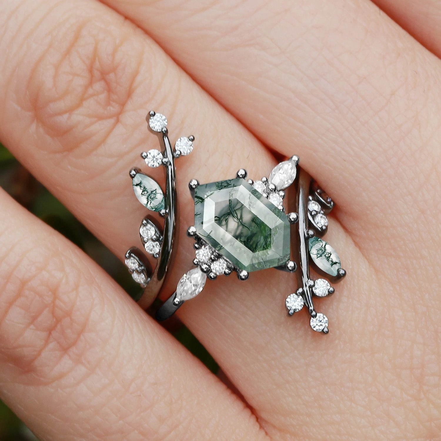 Seasonal accessory Black Gold Moss Agate Cage Elongated Hexagon Engagement Ring Set 2pcs - Mossera