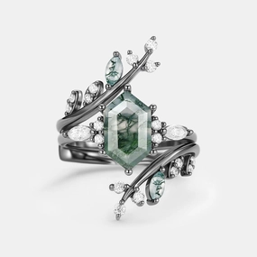 Black Gold Moss Agate Cage Elongated Hexagon Engagement Ring Set 2pcs - Mossera Fall Vibes Artful Touch