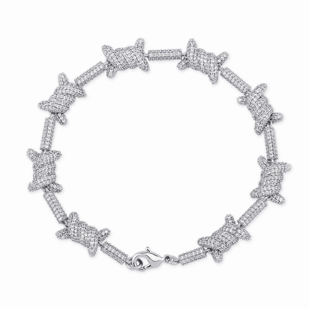 Work Friendly Iconic Style Barbed Wire Iced Out Chain Bracelet in S925 Sterling Silver with CZ Diamonds - 14K Gold Plated