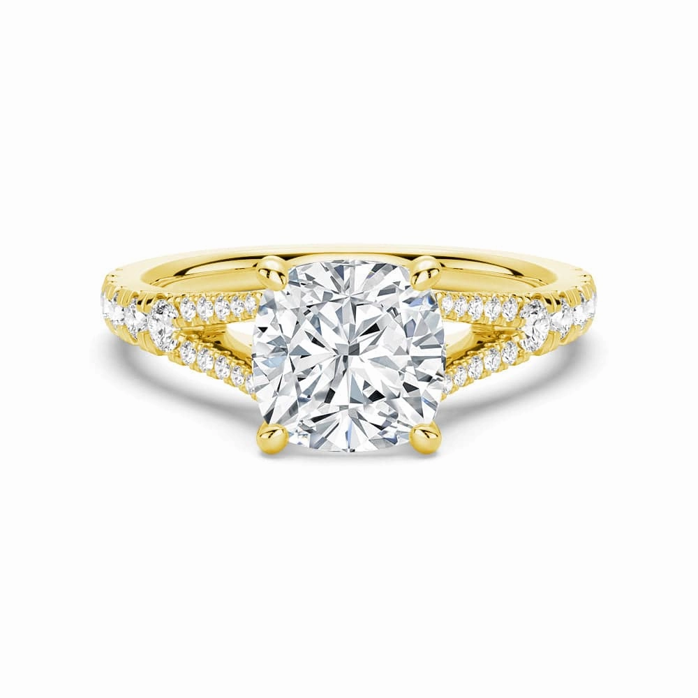 Cushion Cut Split Shank Moissanite Engagement Ring Ethereal Detail Bold Edge