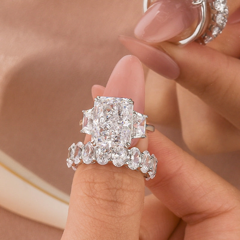 Contemporary Feature Louily Luxurious Three Stone Radiant Cut Wedding Set In Sterling Silver