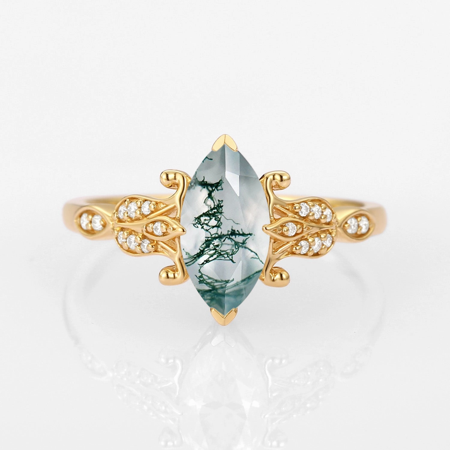 Seasonal Edge Marquise Cut Moss Agate Leafy Vintage Engagement Ring