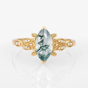 Seasonal Edge Marquise Cut Moss Agate Leafy Vintage Engagement Ring