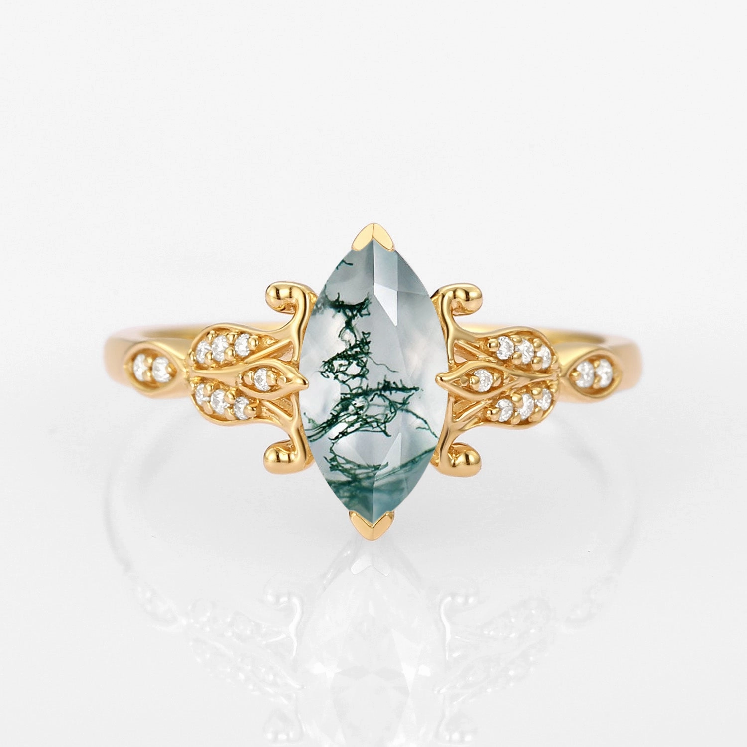 Marquise Cut Moss Agate Leafy Vintage Engagement Ring Day Accent