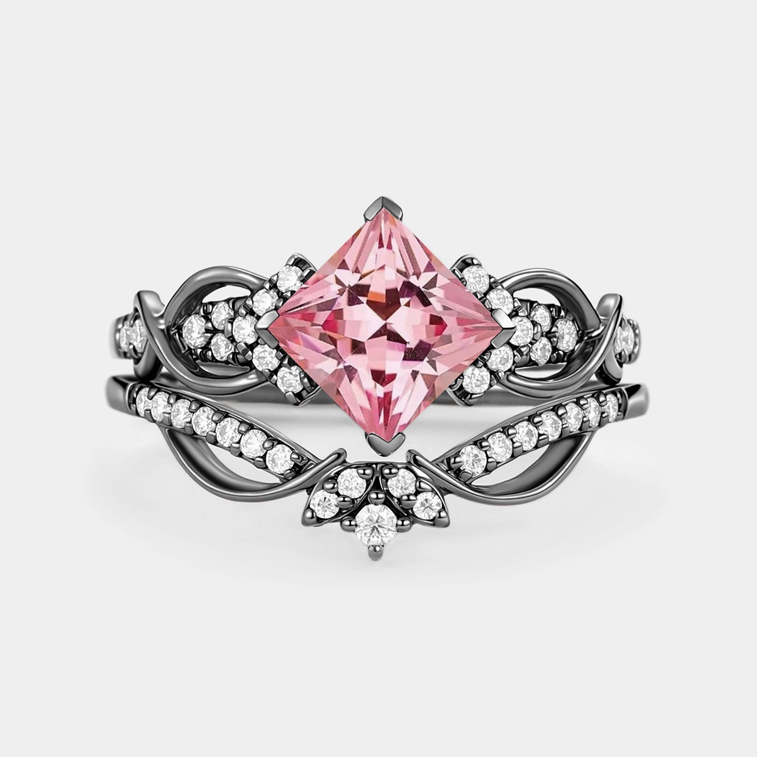 Princess Cut Lab Pink Sapphire Twist Engagement Ring Set 2pcs - Zennia Smart Casual