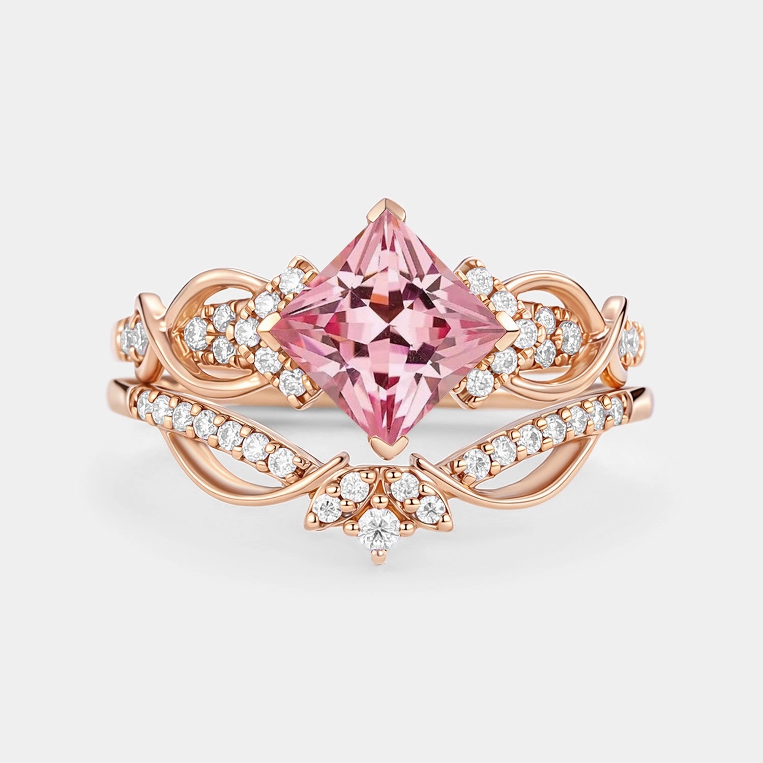 Camera Ready Princess Cut Lab Pink Sapphire Twist Engagement Ring Set 2pcs - Zennia