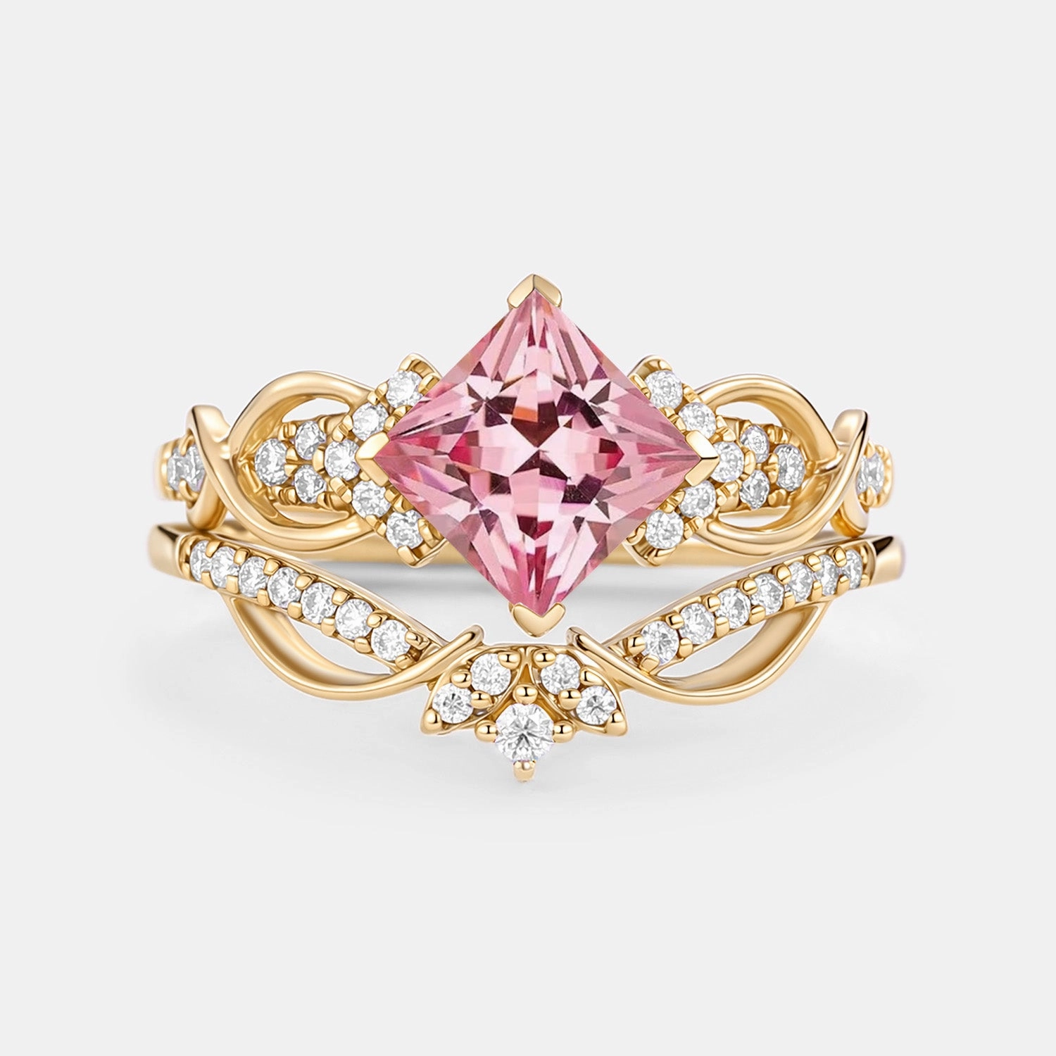 Princess Cut Lab Pink Sapphire Twist Engagement Ring Set 2pcs - Zennia Artisan Made Chic Flash