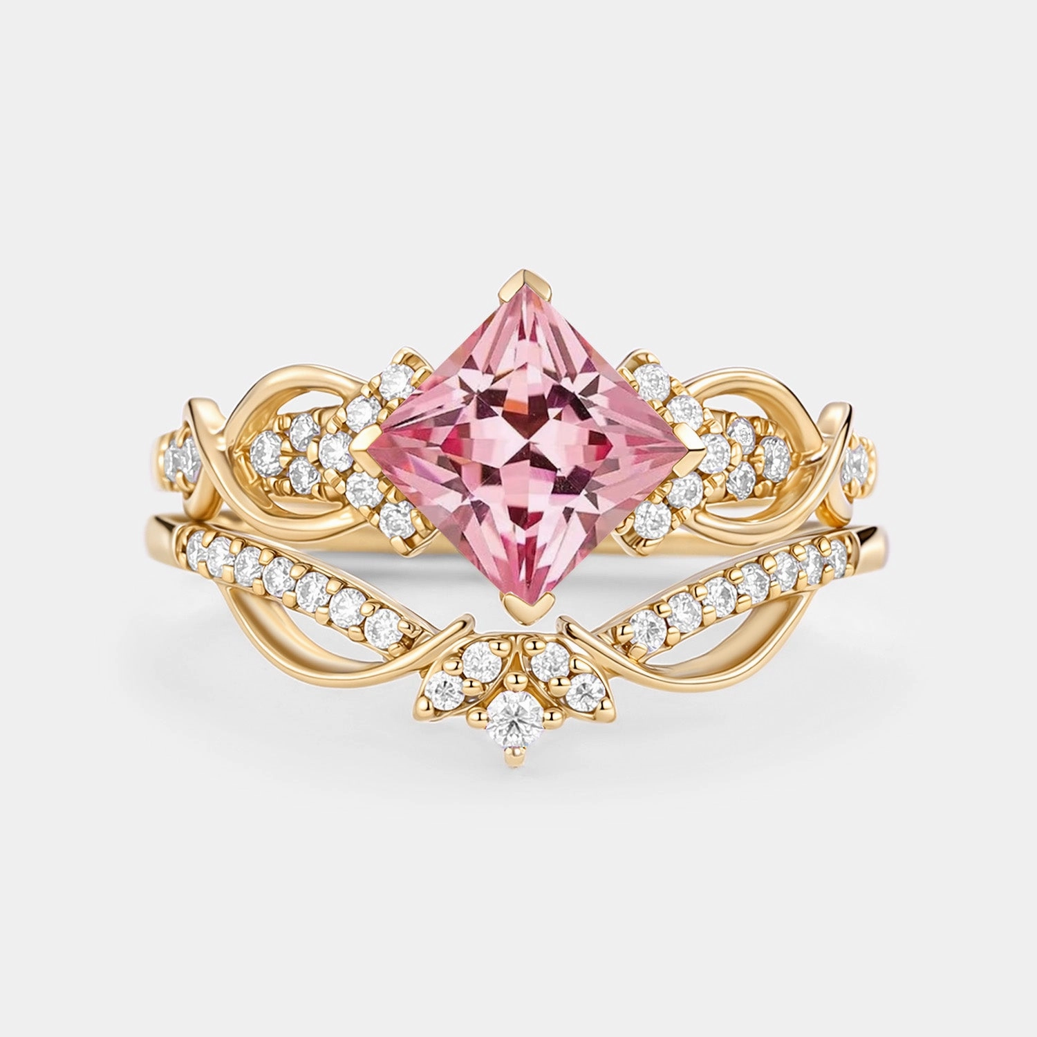 Princess Cut Lab Pink Sapphire Twist Engagement Ring Set 2pcs - Zennia Fashion Appeal Fashion pieces