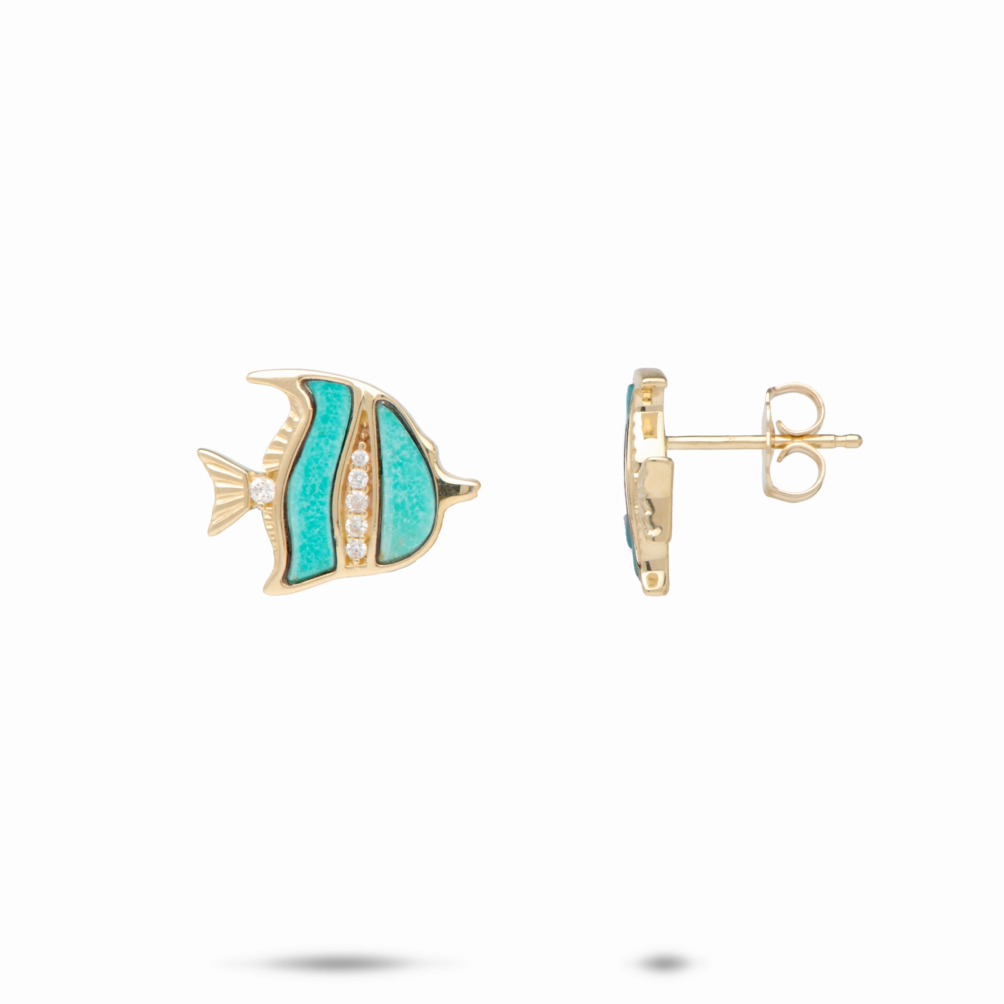 Elegant Touch Sealife Angelfish Turquoise Earrings in Gold with Diamonds - 12mm