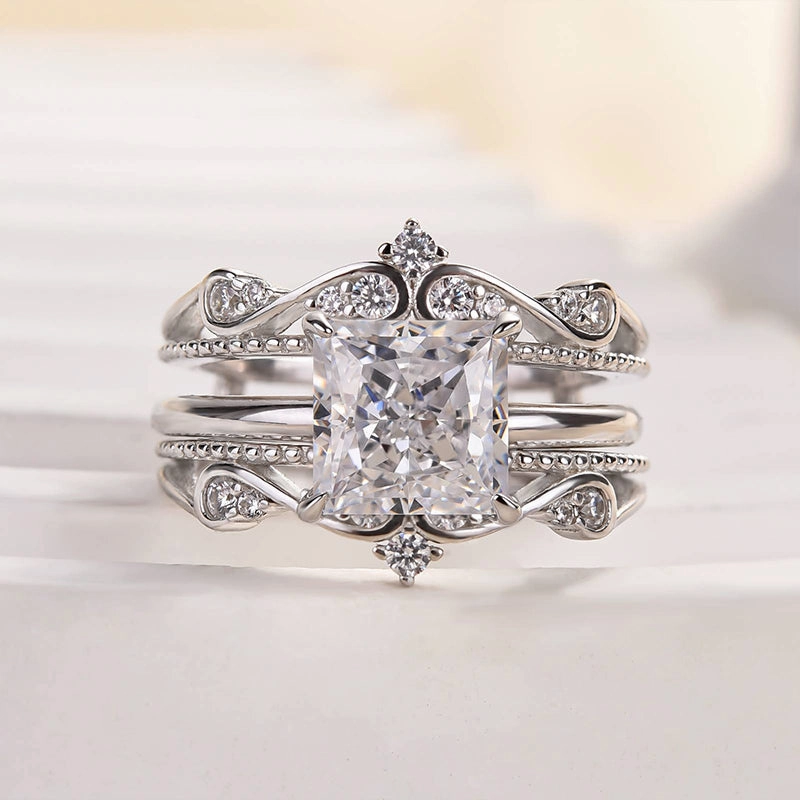 Louily Noble Crown Design Square Princess Cut Insert Wedding Ring Set Special Touch Fresh Statement