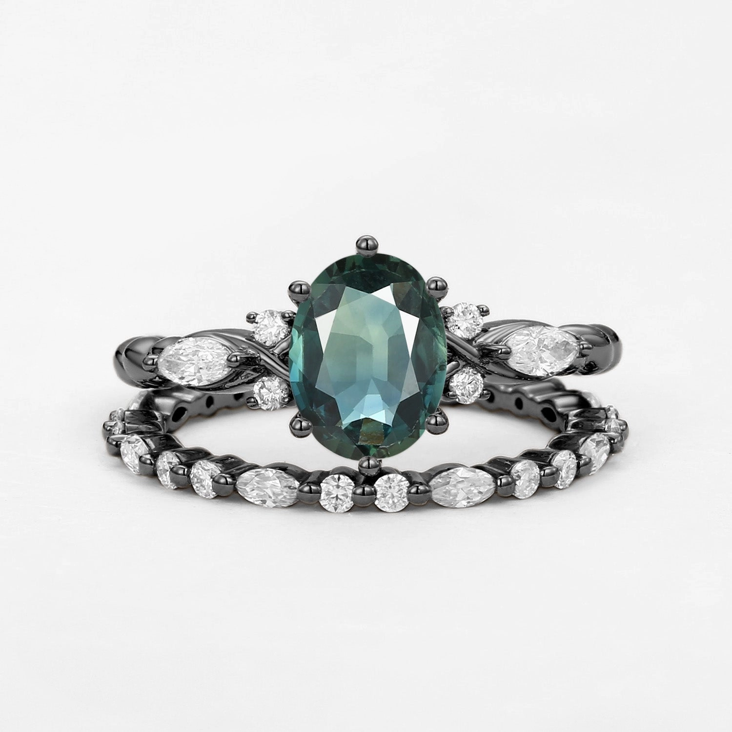 Gift Feature Perfect Finish Infinity Oval Teal Sapphire Cluster Ring Set 2pcs