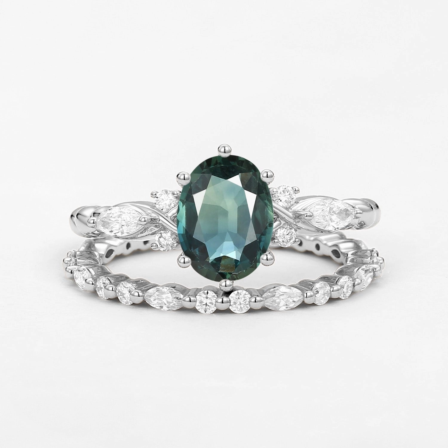 youth appeal Infinity Oval Teal Sapphire Cluster Ring Set 2pcs