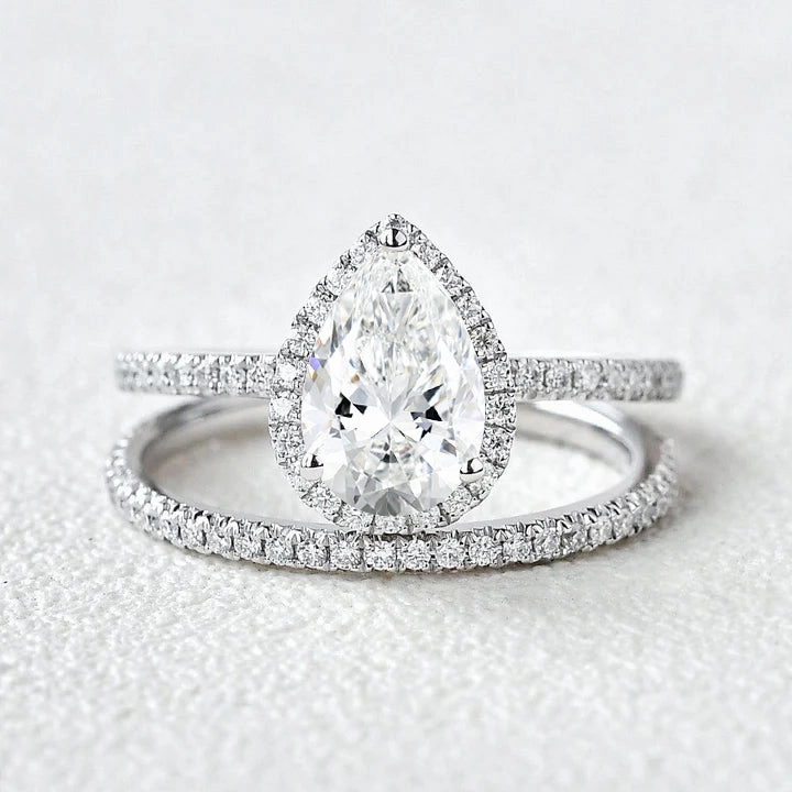1.0ct Pear Lab Grown Diamond Halo Ring Set 2pcs Premium Sparkle