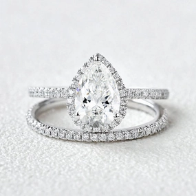 1.0ct Pear Lab Grown Diamond Halo Ring Set 2pcs Premium Sparkle