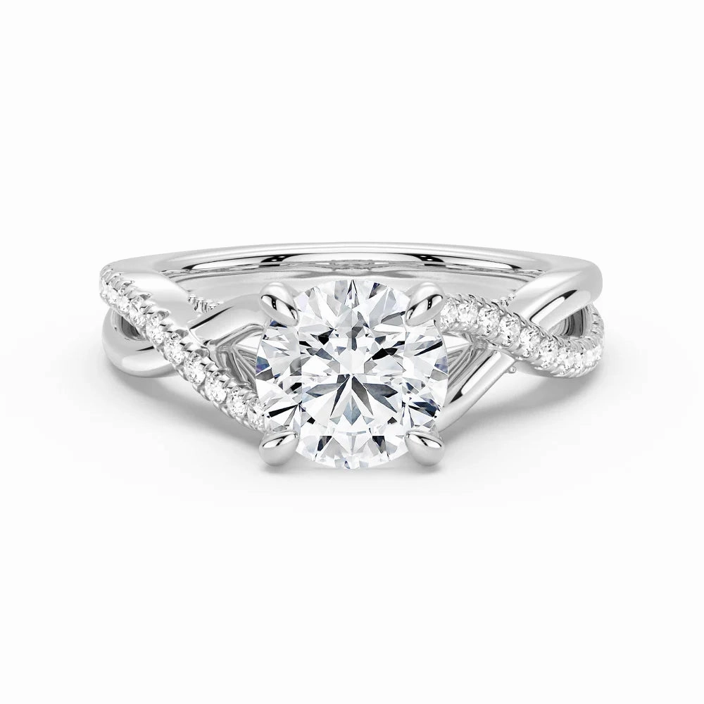 Round Moissanite Twisted Band Engagement Ring with Hidden Accents Unique Gem Lustrous Finish