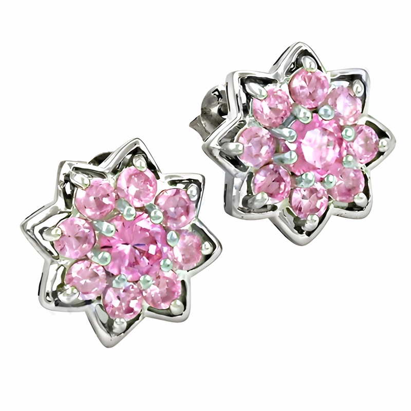 Stunning Detail Luxurious Adornment Classic Pink Cubic Zirconia Sterling Silver Flower Design Earrings - 925 Sterling Silver Jewelry