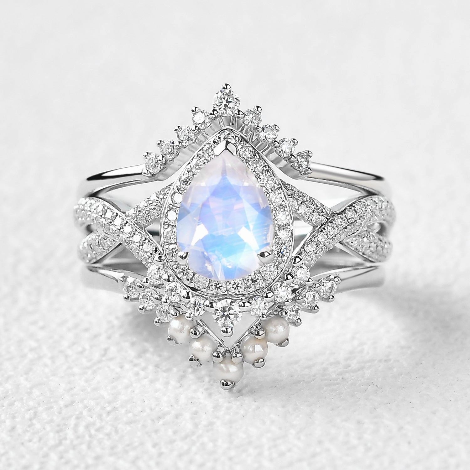 Cozy Layers Gifting Light Pear Opal & Pearl Halo Infinity Ring Sets 3pcs