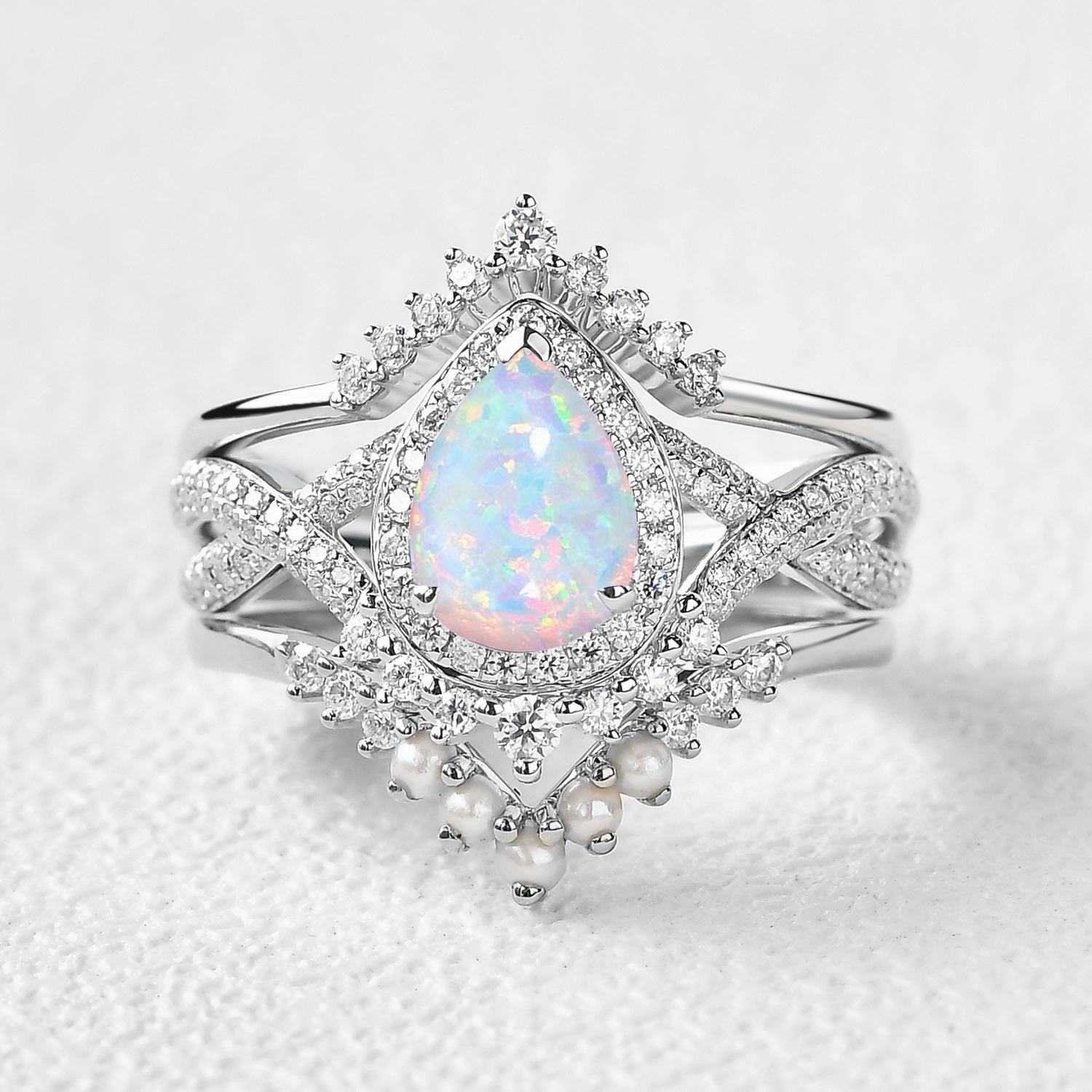 Pear Opal & Pearl Halo Infinity Ring Sets 3pcs Graceful Highlight Handcrafted Treasures