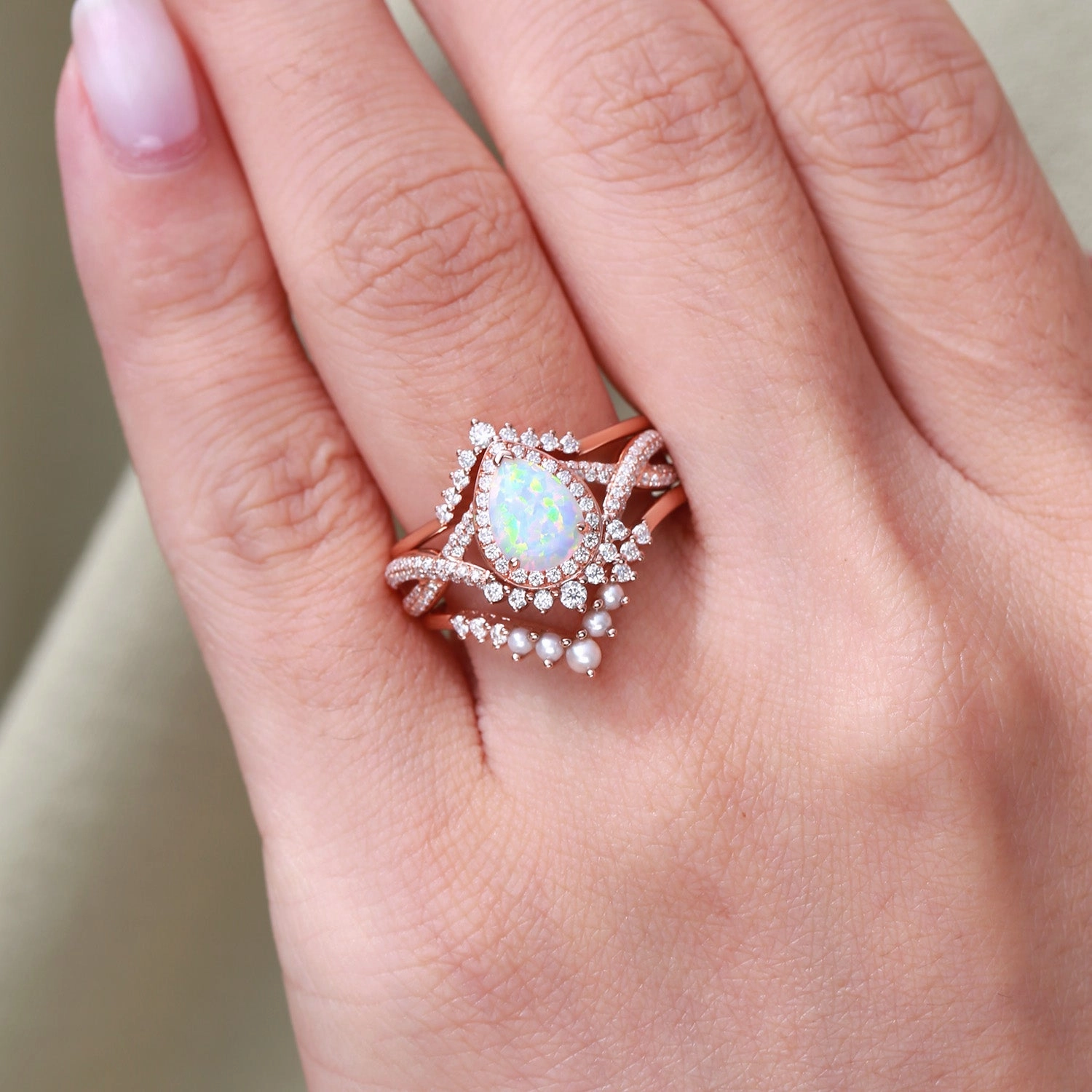 Pear Opal & Pearl Halo Infinity Ring Sets 3pcs Creative Light