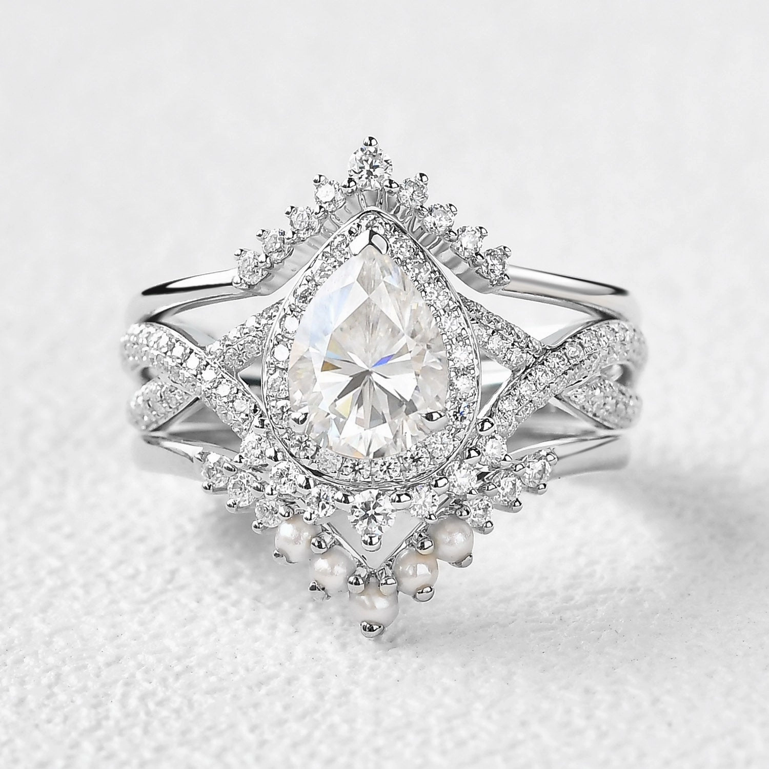 Pear Opal & Pearl Halo Infinity Ring Sets 3pcs Smooth Detail