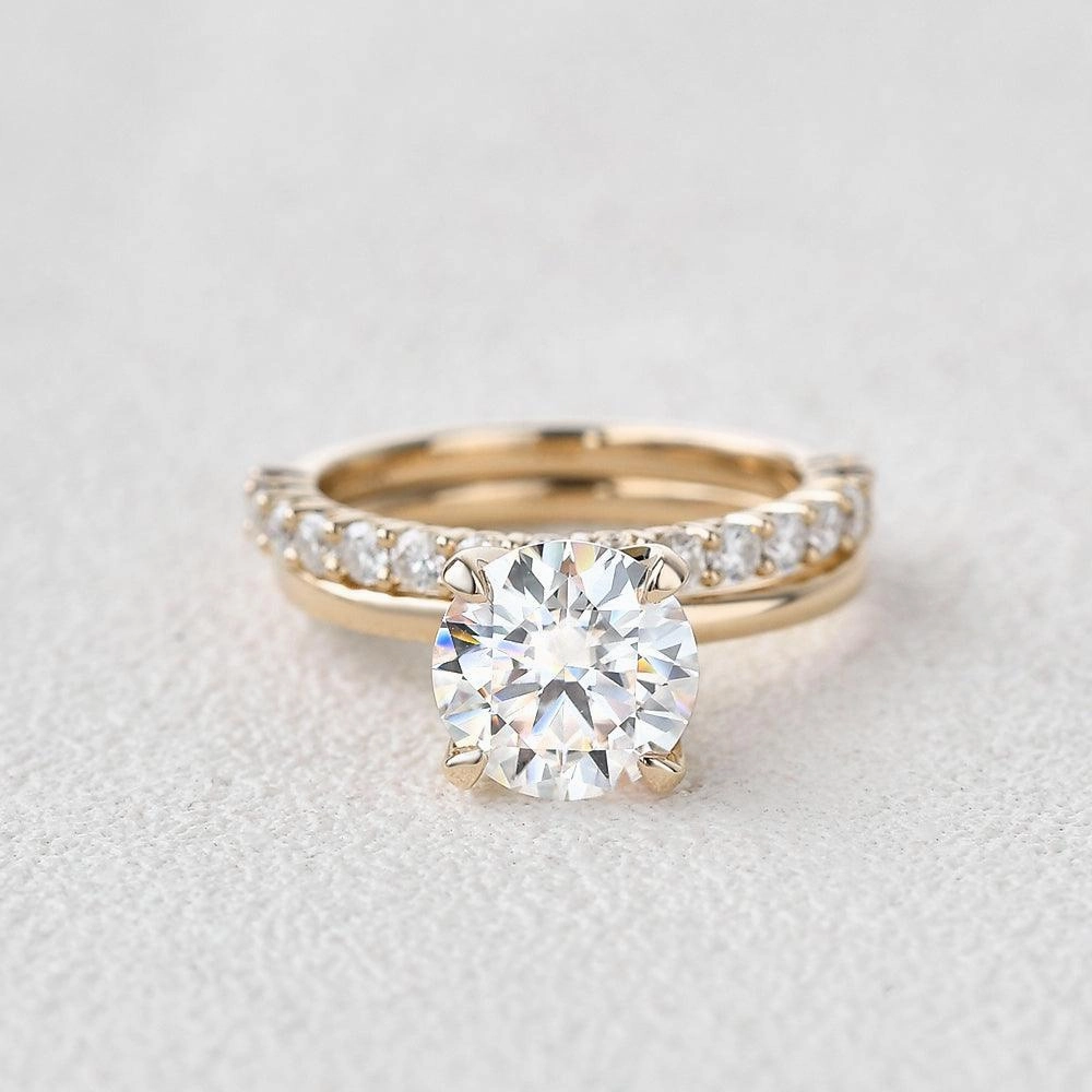 2.0ct Round Cut Moissanite Solitaire Gold Ring Set 2pcs Fresh Edge Handcrafted Art