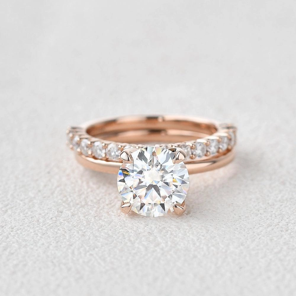 2.0ct Round Cut Moissanite Solitaire Gold Ring Set 2pcs Bold Sparkle Sparkling Accent