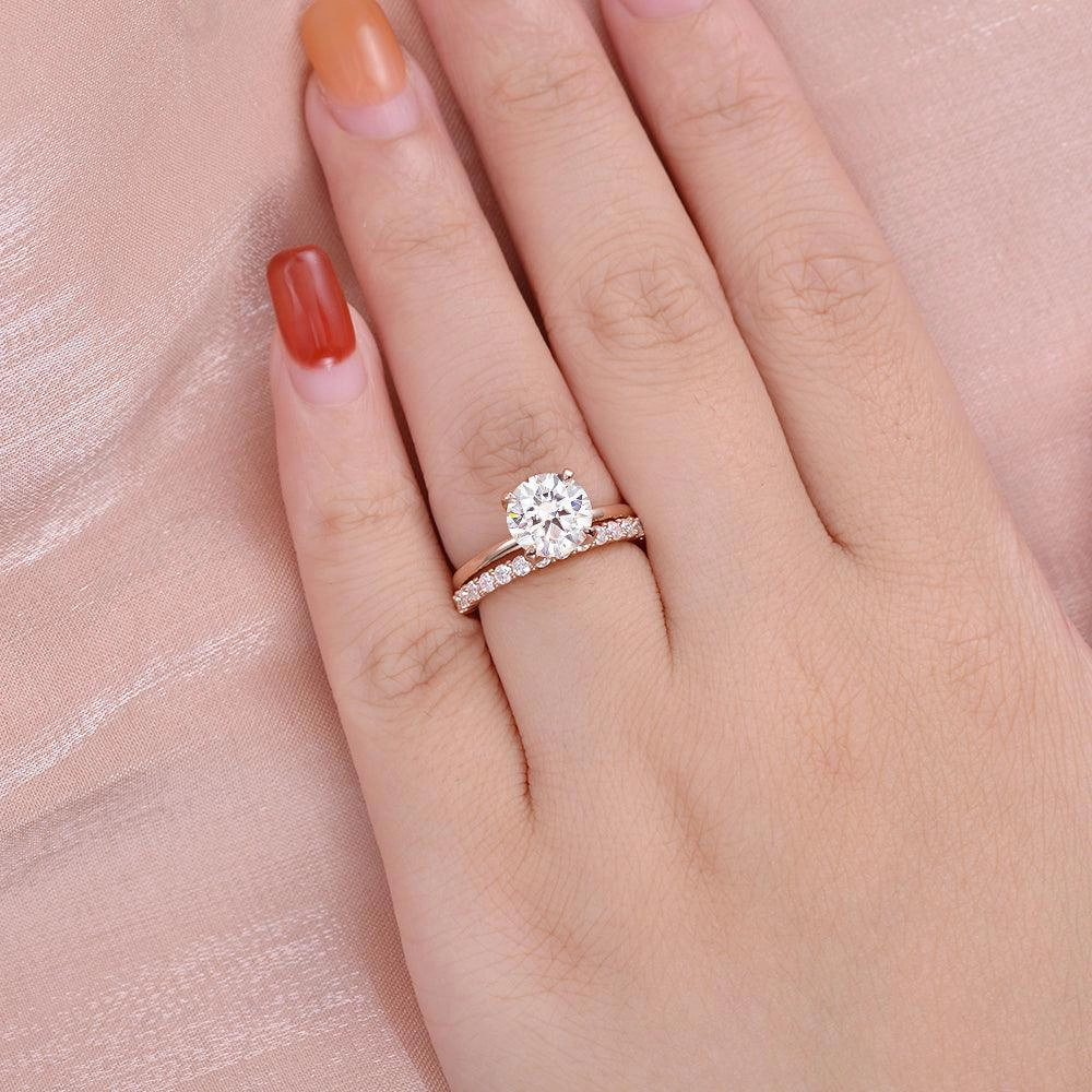 2.0ct Round Cut Moissanite Solitaire Gold Ring Set 2pcs Expressive Touch