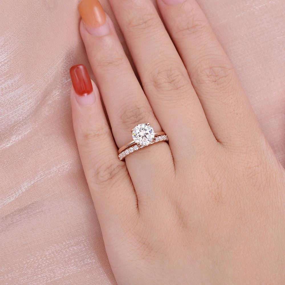 Timeless Touch 2.0ct Round Cut Moissanite Solitaire Gold Ring Set 2pcs