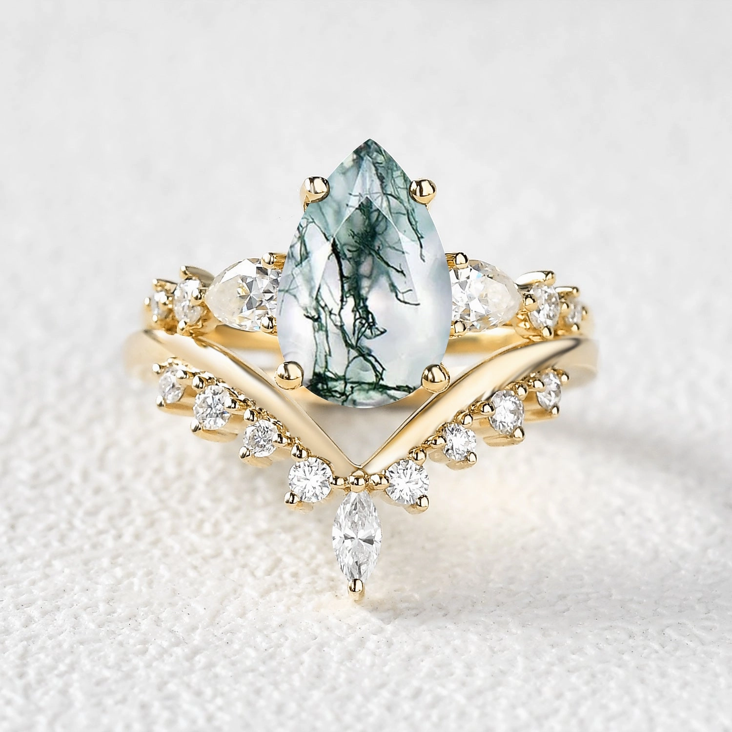 Chic Pick Elegant flair Pear Shaped Moss Agate & Pearl Chevron Bridal Ring Set 2pcs