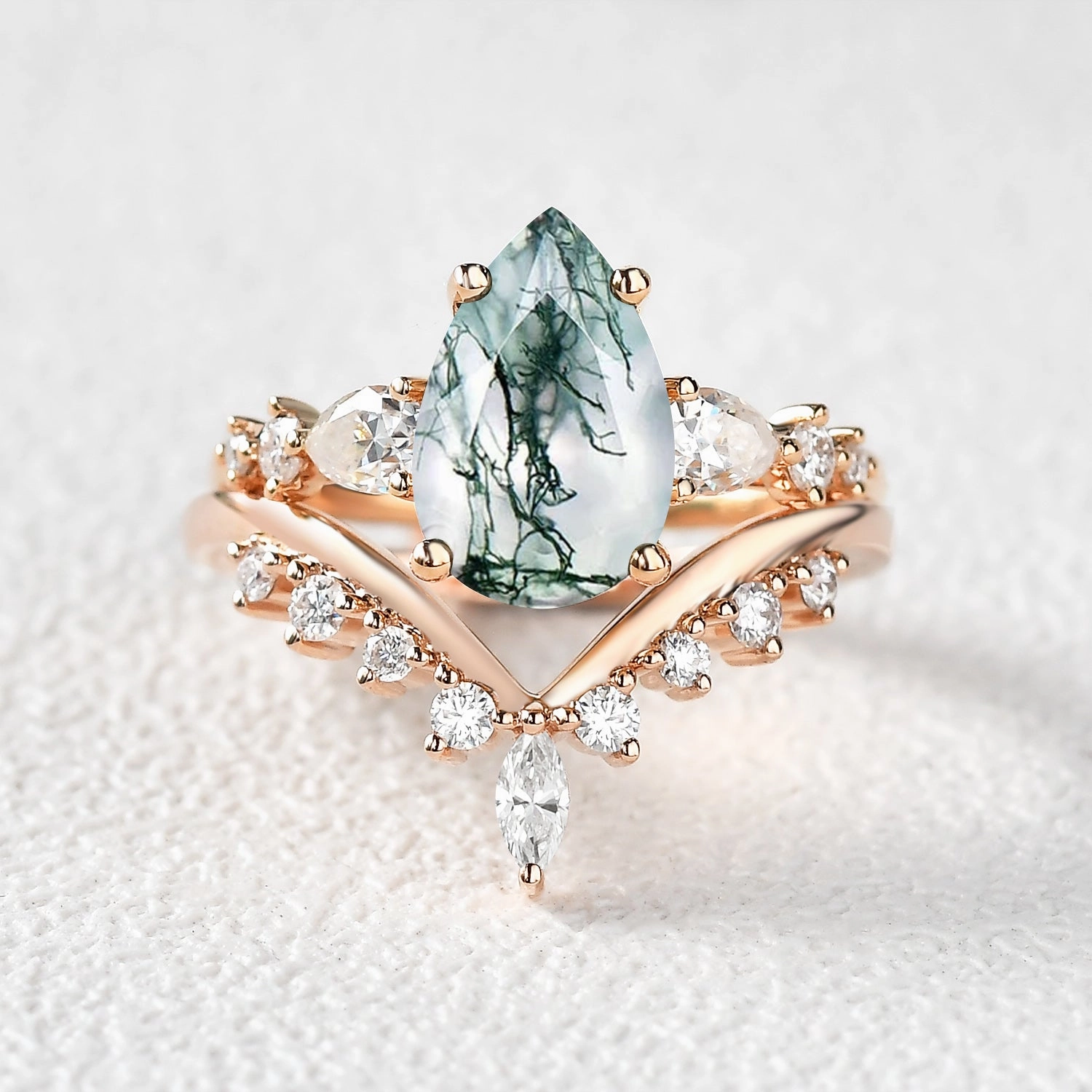 Travel Ready Gloss Accent Pear Shaped Moss Agate & Pearl Chevron Bridal Ring Set 2pcs